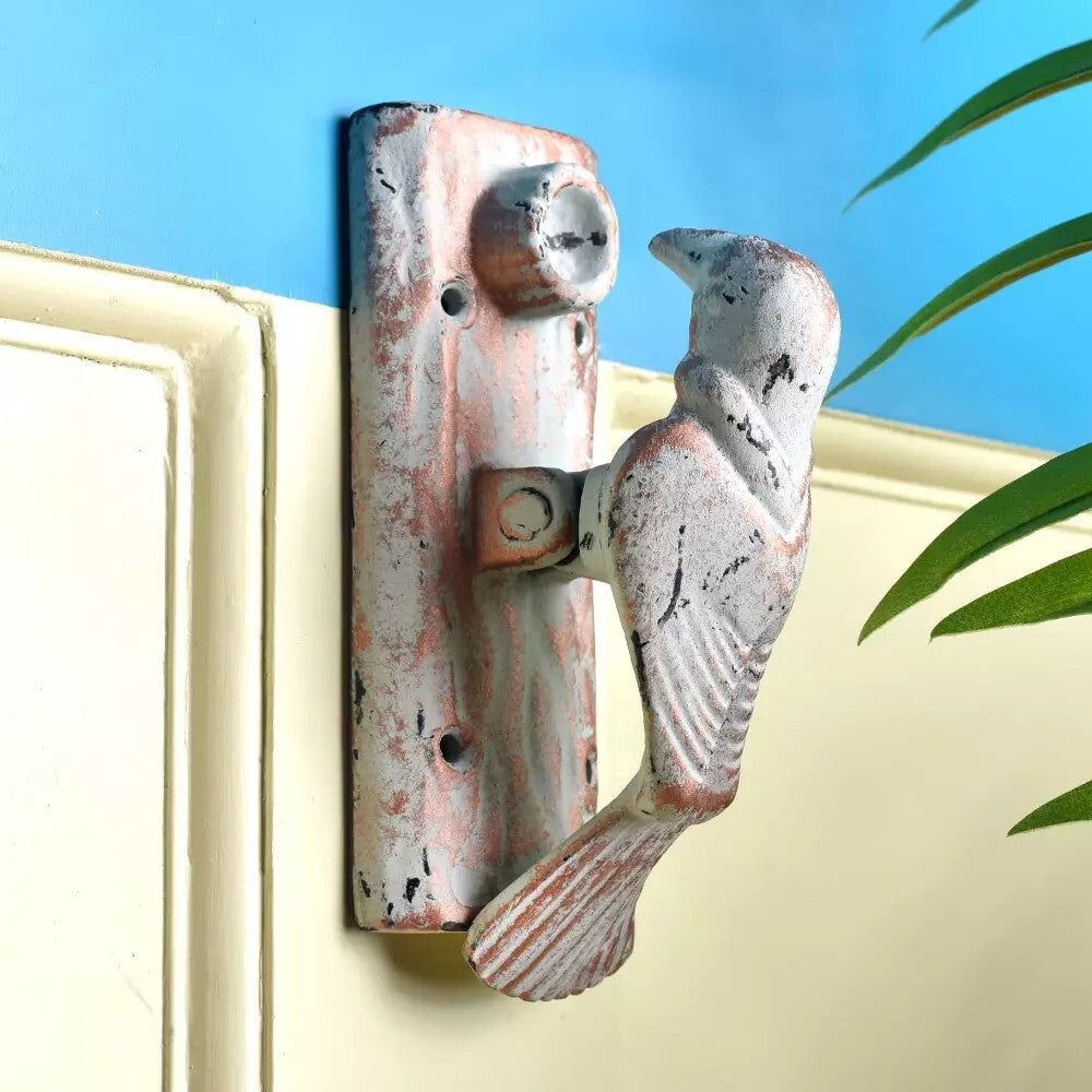 Antique Look White Cast Iron Woodpecker Bird Door Knocker Door Bell Home Decor