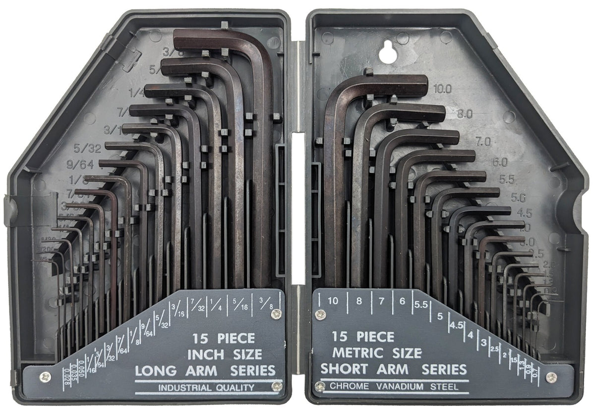 30 Piece Hex Wrench Set, Popular Inches and Metric Sizes with Gray Storage Case