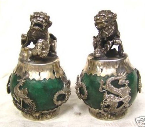 tibet silver Copper Jade Carving Figures Dragon Phoenix lion foo dog Statue