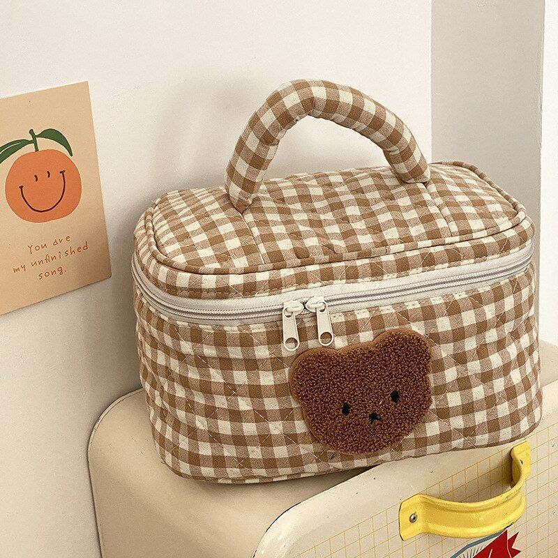 Cute Bear Makeup Bag Large Portable Cosmetic Bags Zipper Cotton Plaid Pouch Case