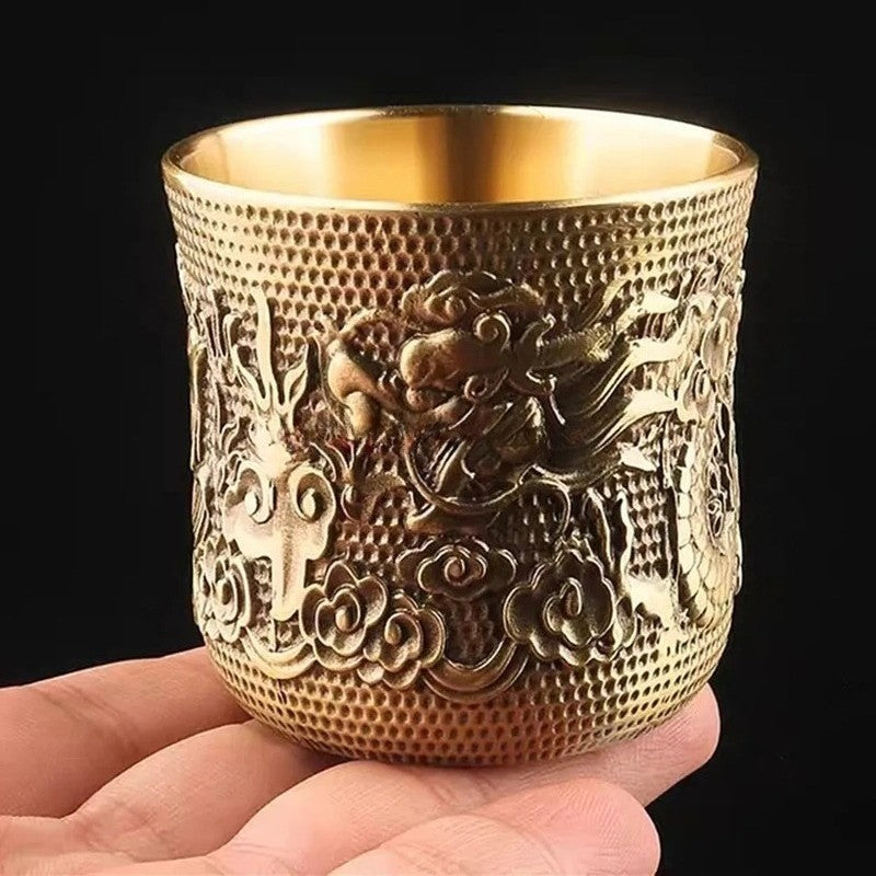 5.8cm New Retro Buddhism Holy Water Cup Brass Engraved Dragon Phoenix Mini Cup
