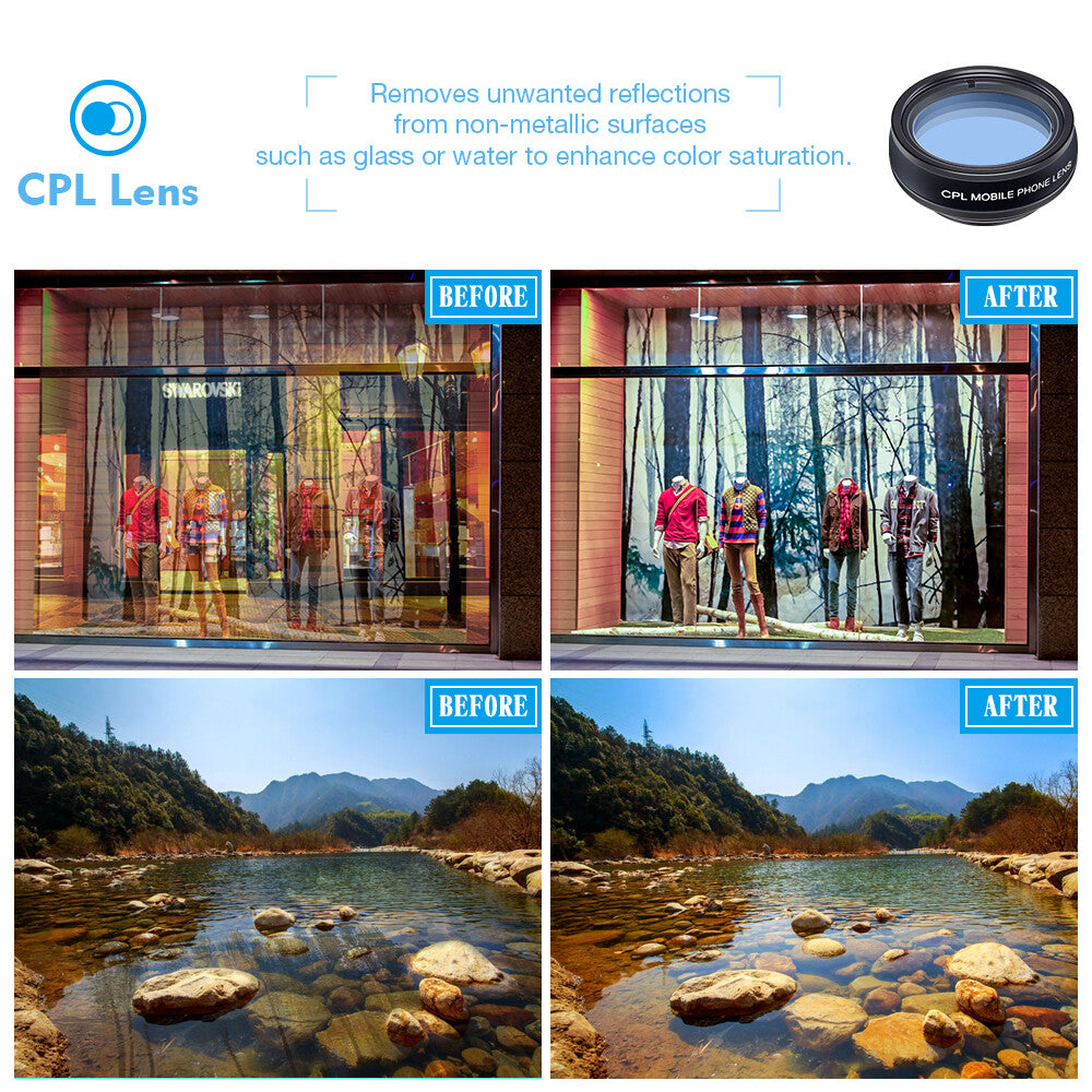 APEXEL 10 in 1 Smartphone Lens Kit Fisheye Wide-Angle Macro Lens CPL Filter 2X