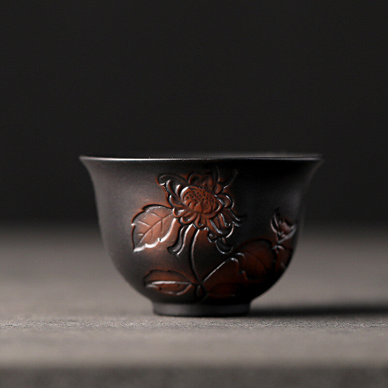 3.4oz Purple Pottery One Tea Cup Plum Orchid Bamboo Mum Carved Personal Cup New