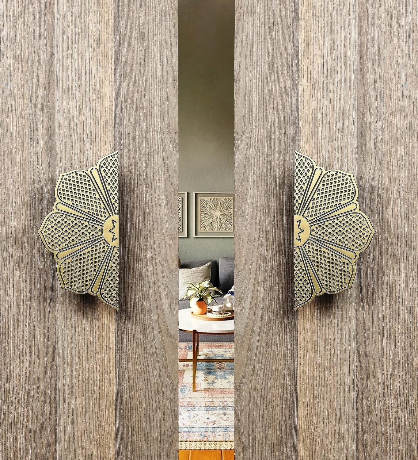 Set of 2 Antique Look Ethnic Flower Carving Design Brass Door Handle Pair