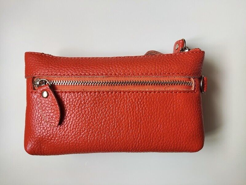 Orange Wristlet Purse Women Lady's Wallet Coin Purse Small Bag Genuine Leather
