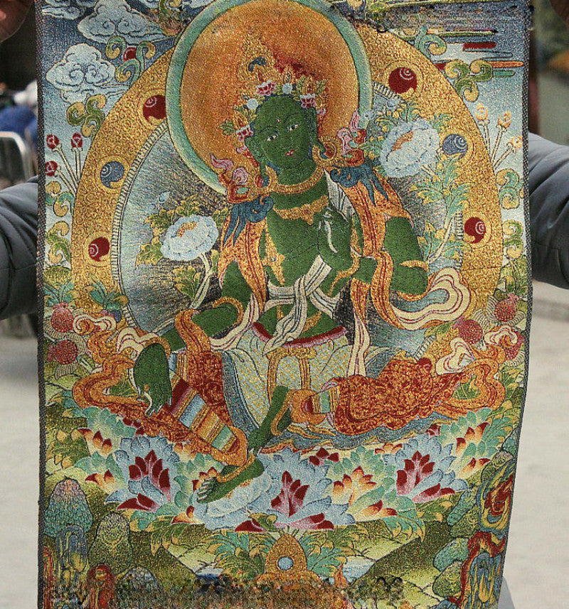 China Buddhism Cloth Silk Green Tara Enlightenment Goddess Thangka Thanka Mural
