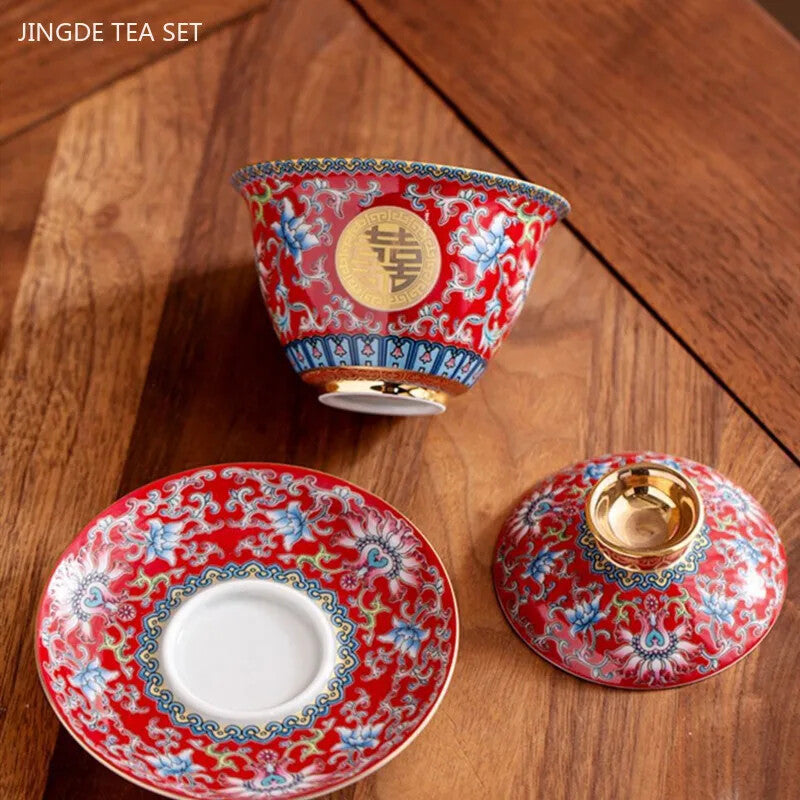 Chinese Wedding Tea Set Enamel Color Ceramic Gaiwan Handmade Tea Bowl