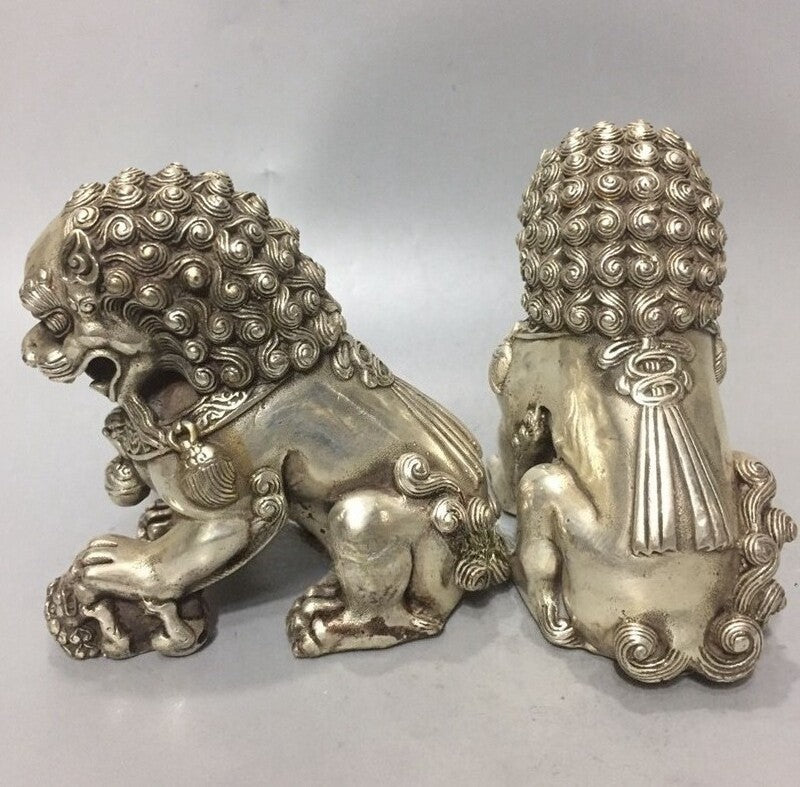 Pair Rare Silver Guardian Lion Foo Fu Dog Statue Collection
