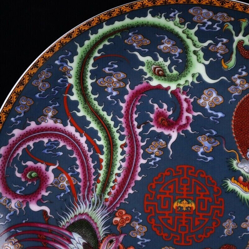 Old Chinese powder color porcelain Dragon phoenix plate Qianlong Mark
