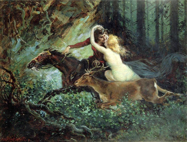 Oil painting portraits fairy warm kiss on flying horse and deer forest on canvas