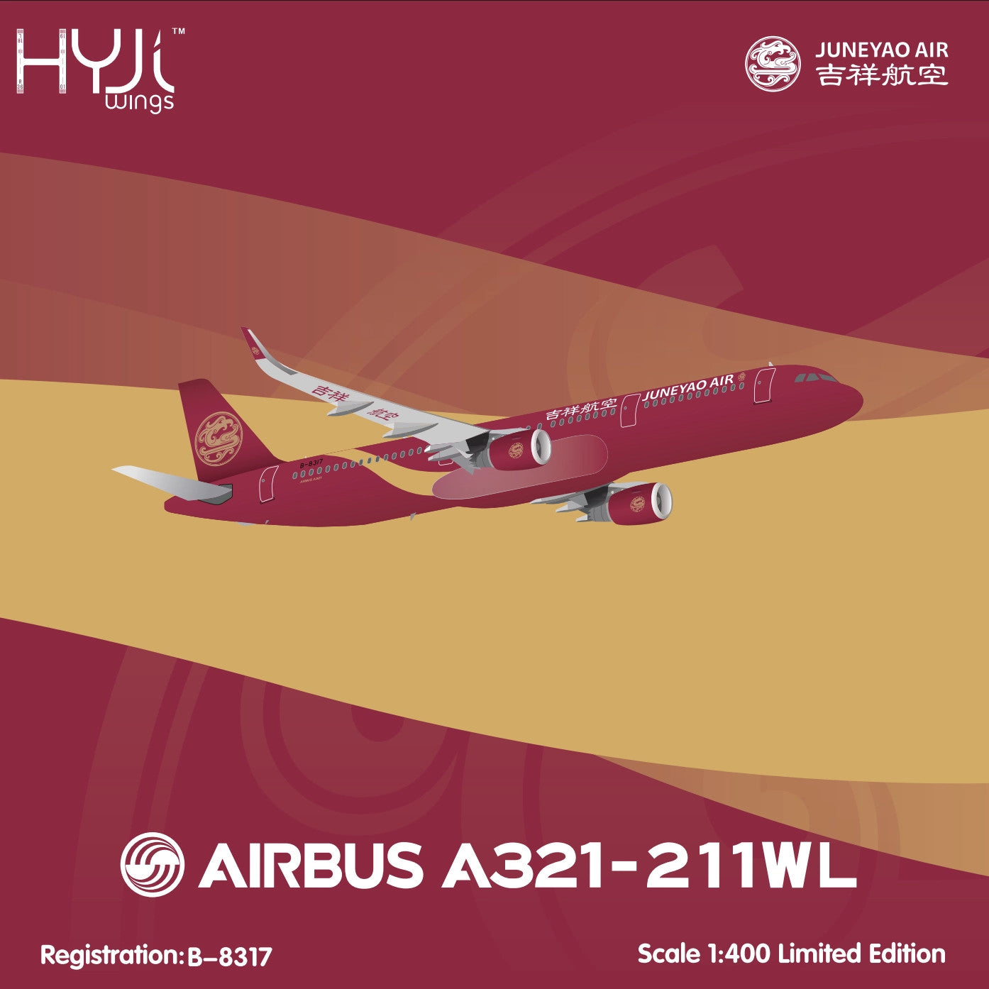 1/400 HYJLwings Juneyao Airlines Eastern Gem Red A321 B-8317 Airplane Model