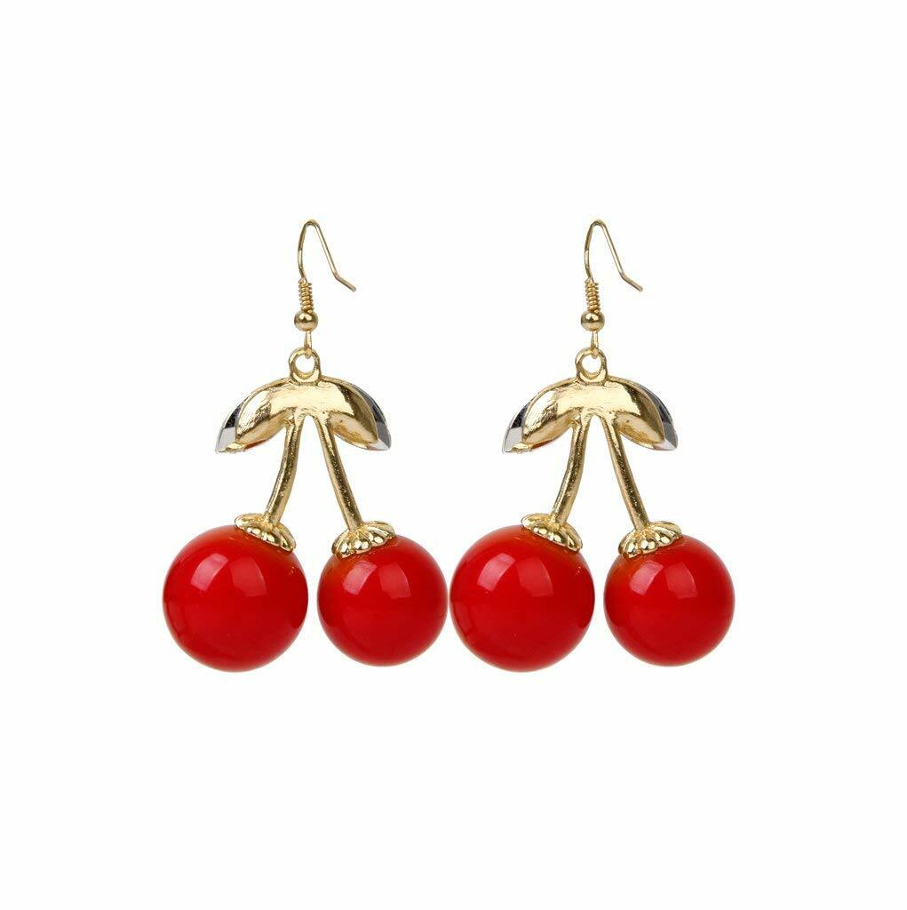 1 Pair Women Cherry Earrings Drop and Dangle with Sparkling Green Rhinestones