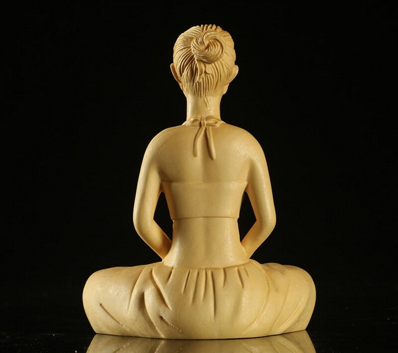 Natural Boxwood Carved Meditation Sitting Girl Statue Figurine Beauty Art Decor