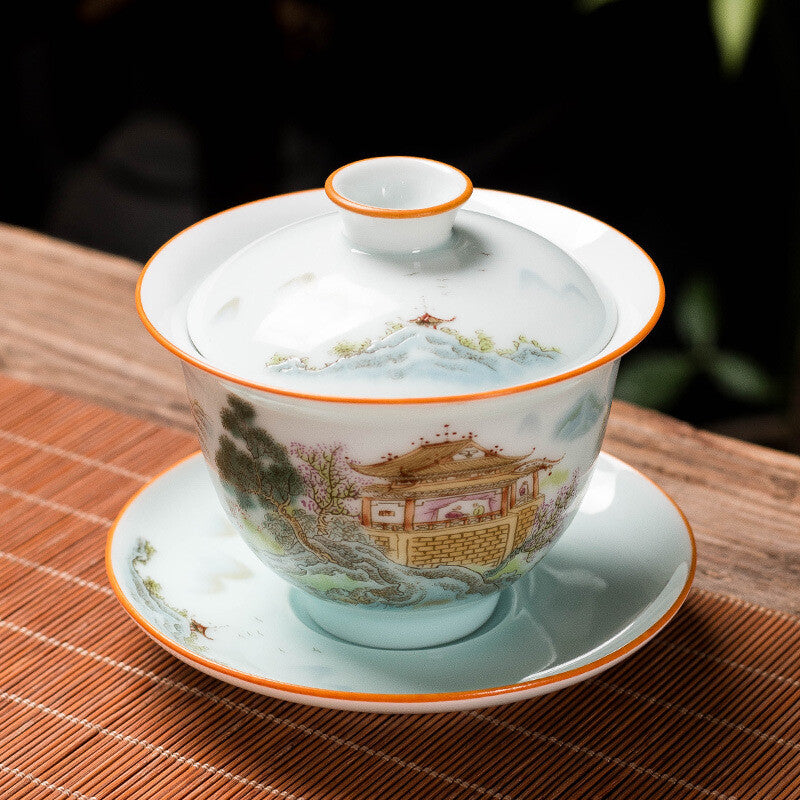 175ml Chinese Handpainted Porcelain Gaiwan Tureen Covered Bowl Coaster Tea Set