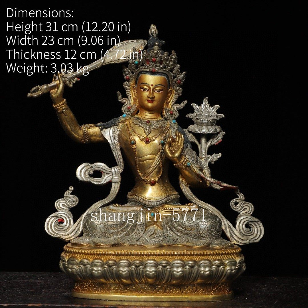 12.2"Xizang Buddhism Temple Bronze Hold Sword Manjushri Tara Buddha Statue