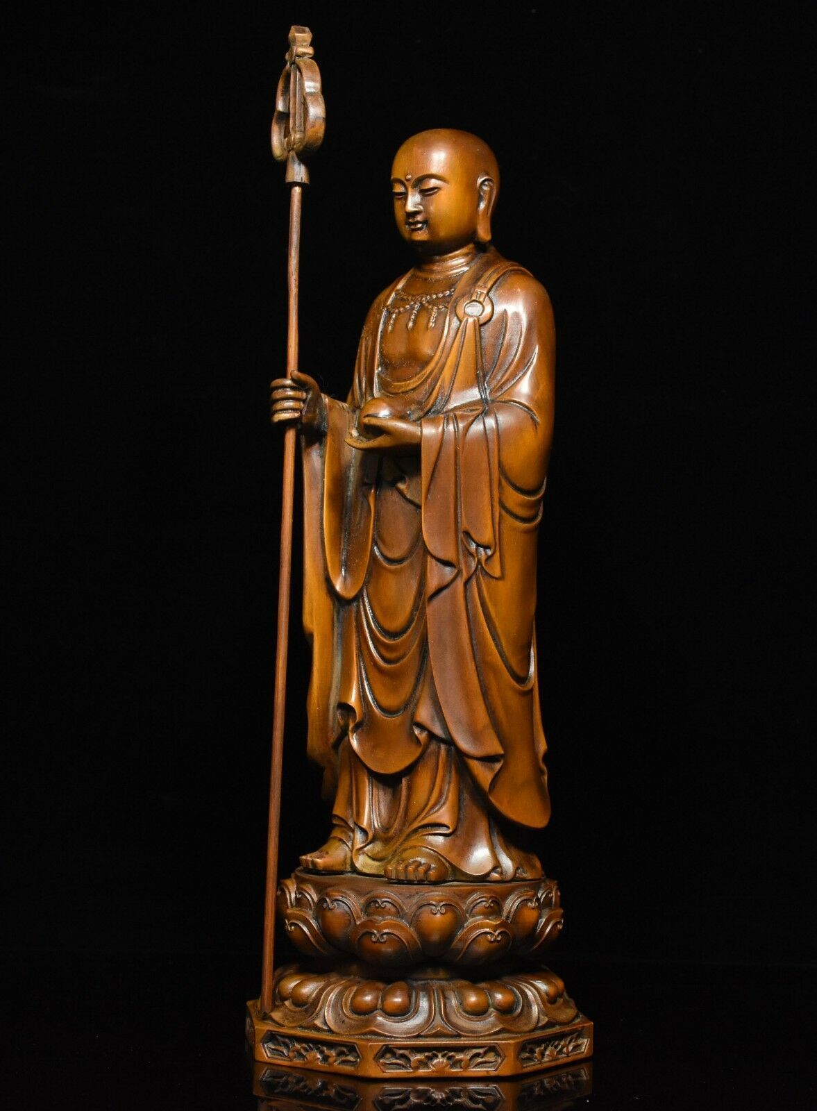 Chinese Buddhism Boxwood Wood Carve Stand Ksitigarbha Boddhisattva Buddha Statue