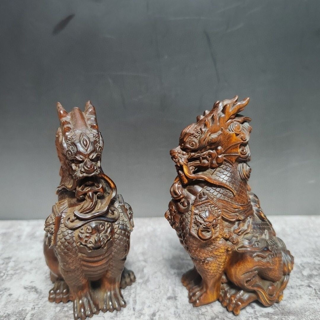 Pair Chinese boxwood kirin statue Figure good stand collection Art tea pet