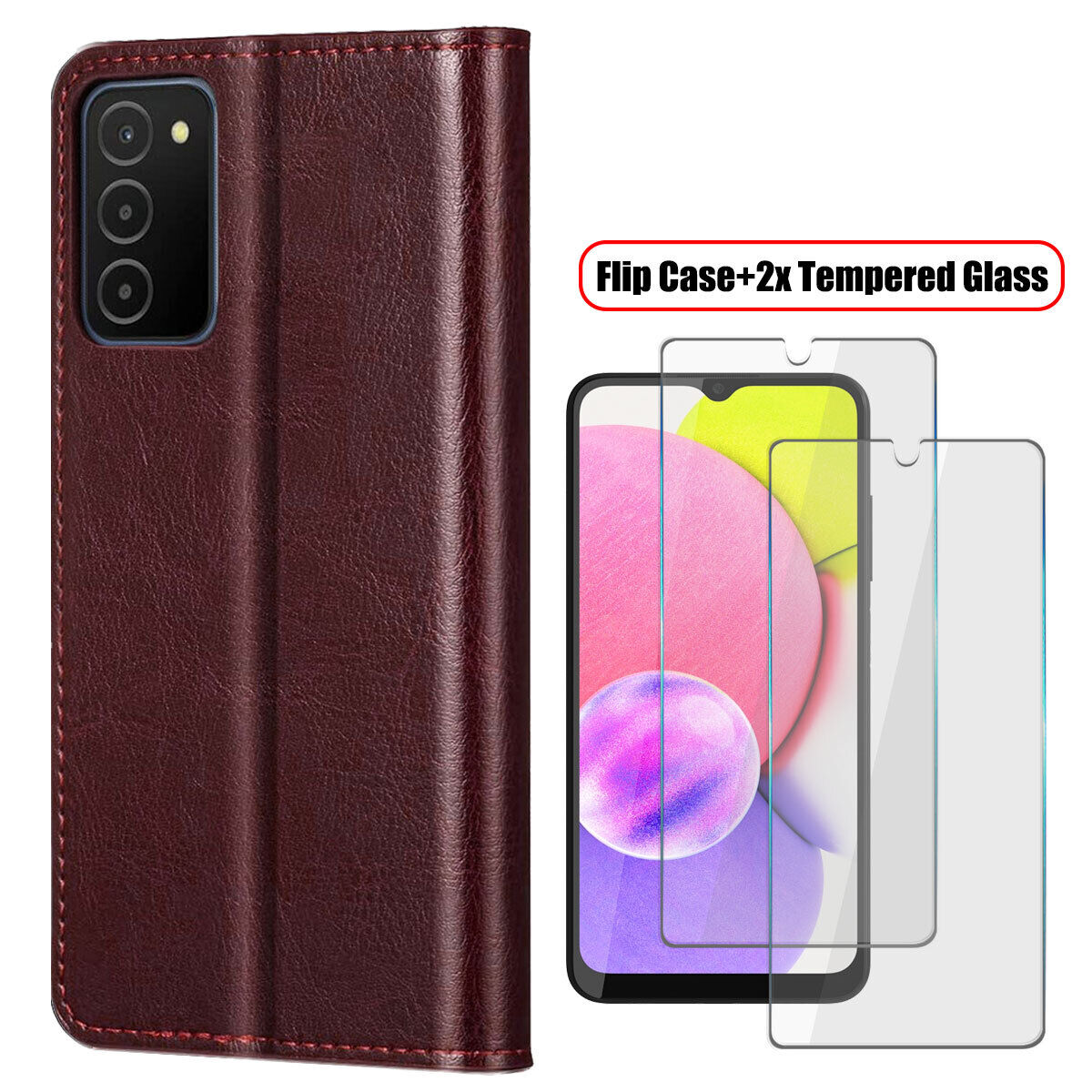 For Samsung Galaxy A03s/SM-A037F Case, Protective Leather Cover / Tempered Glass
