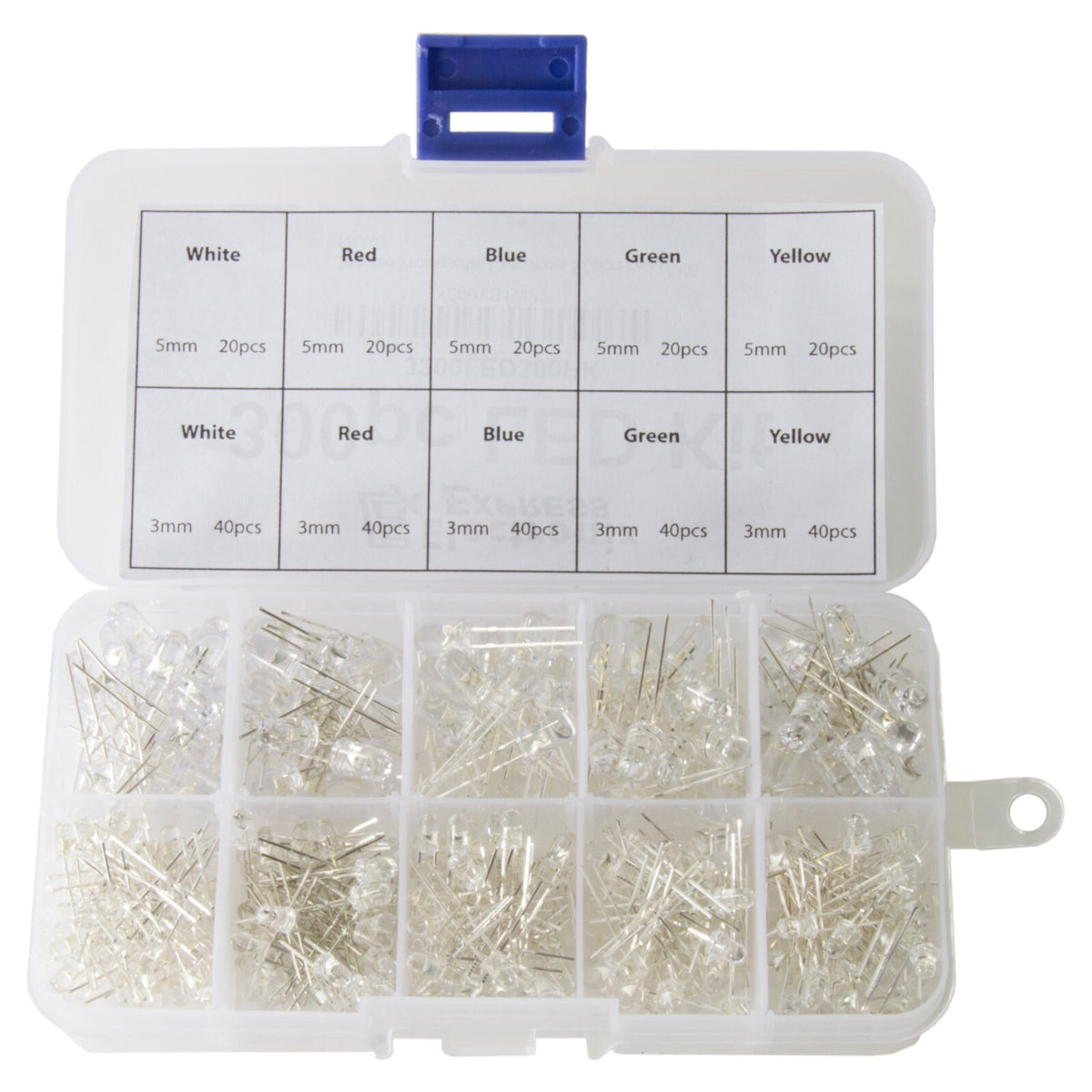 300 Piece Clear Lens LEDs, 3mm & 5mm, Colors: White, Red, Blue, Green, Yellow