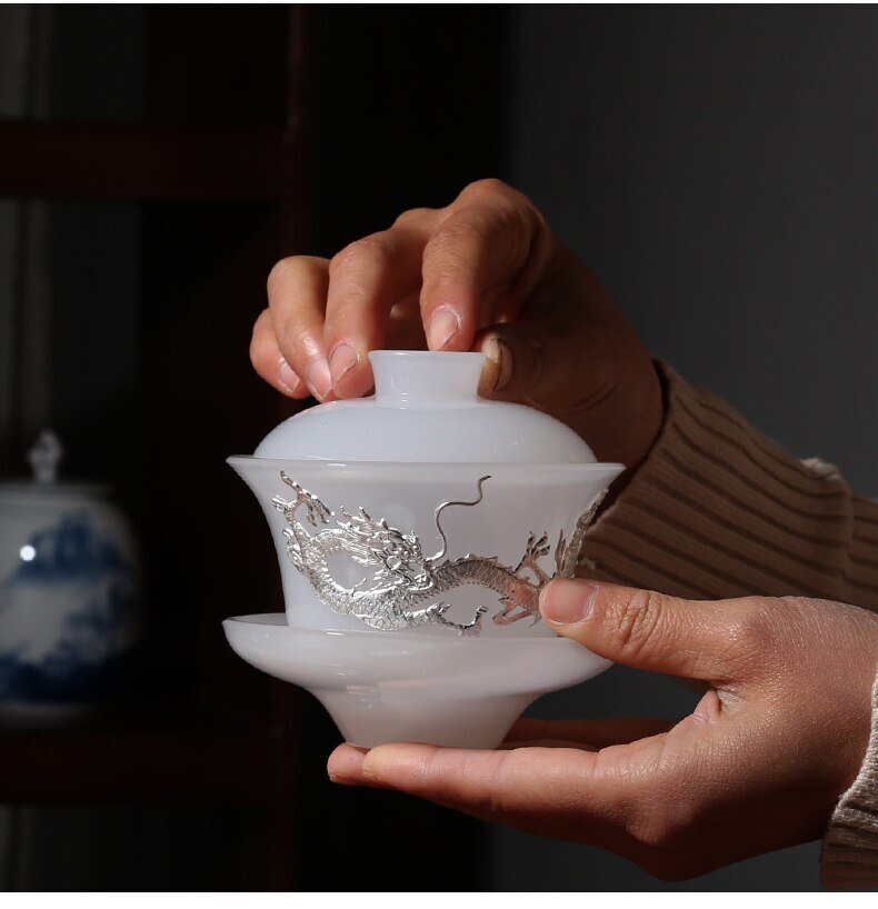 Jade Plated Silver Dragon Ceramic Cover Bowl Teacup Gaiwan Tea Bowl Kung Fu