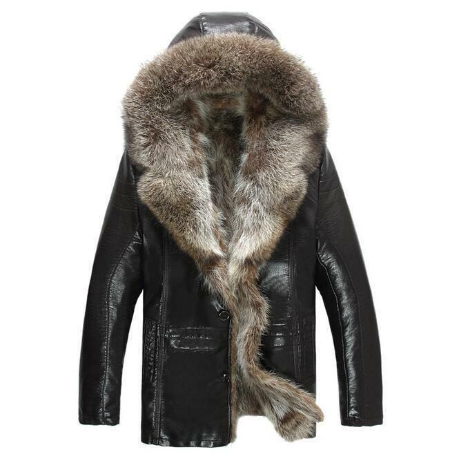 Mens Jacket Outwear Warm Winter Coat Hooded 100% Real Fur Leather Leisure Parkas