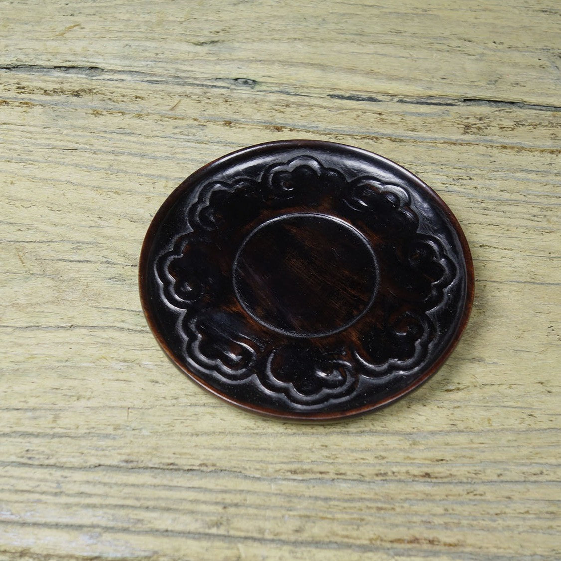 Antique Style Sandalwood Carved Xiangyun Ruicai Tea Coaster Cup Pad Decor 9cm