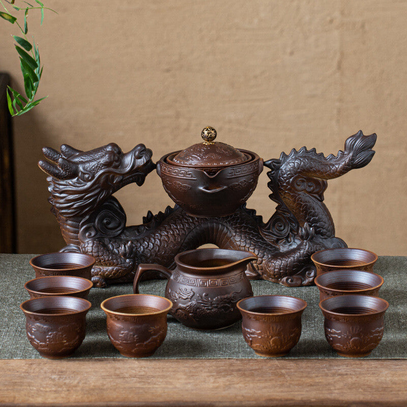 Half Automatic Tea Set Ceramic Dragon Design Gaiwan Matching Pitcher Tea Cups