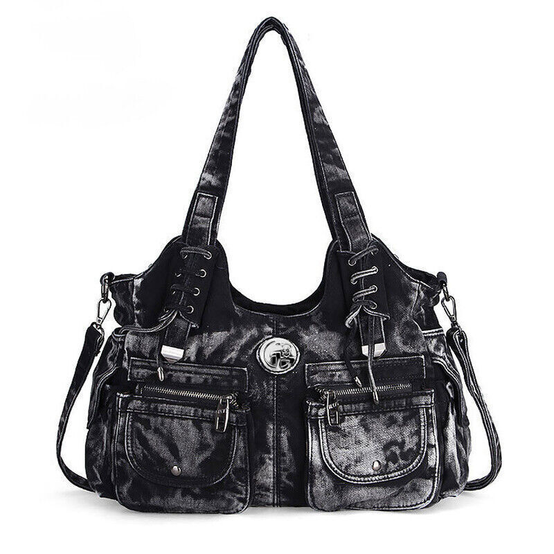 Ladies Punk Rock Travel Denim Rivet Shoulder Handbag Messenger Denim Bag Fashion