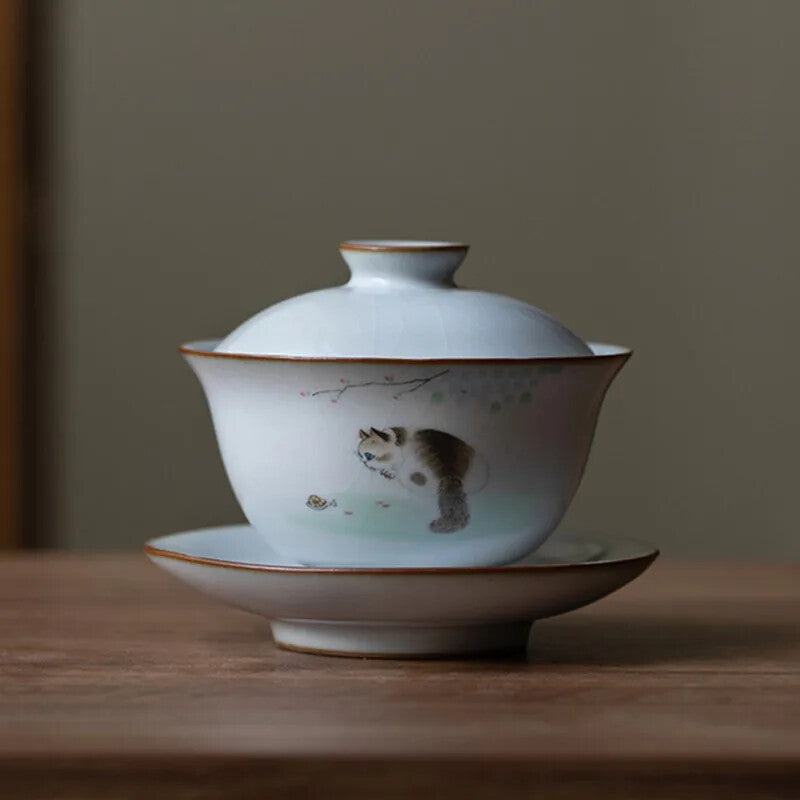 160ml Traditional Ceramic Tureen Bowl Handmade Cat Pattern Gaiwan Cup Tea Set