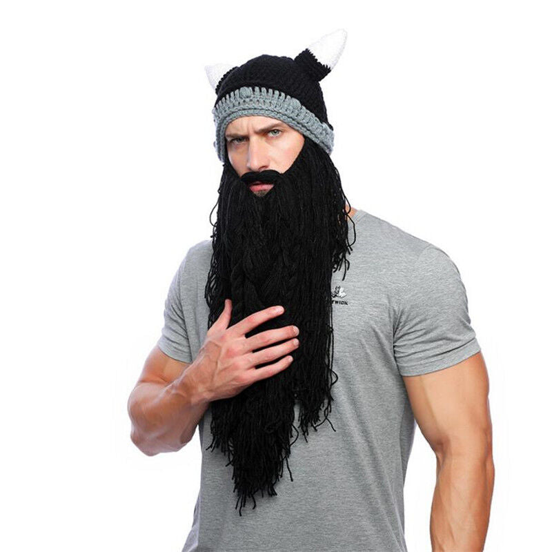 Nordic Style Hats Winter Viking Horn Wool Creative Long Beard Hats Halloween Cap