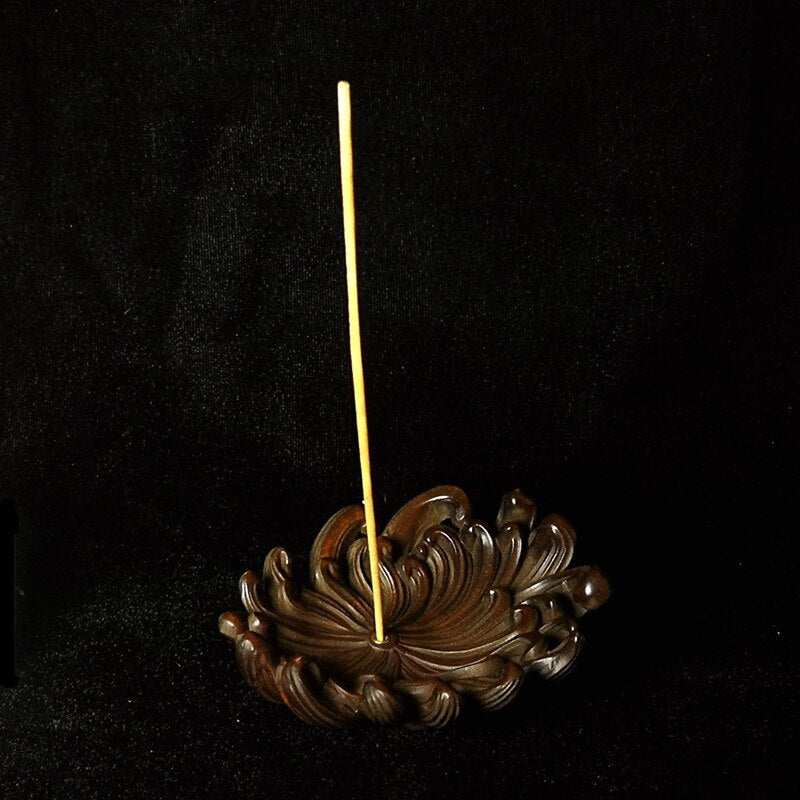 Chinese Boxwood Hand Carved Chrysanthemum Flower Incense Stand Decoration