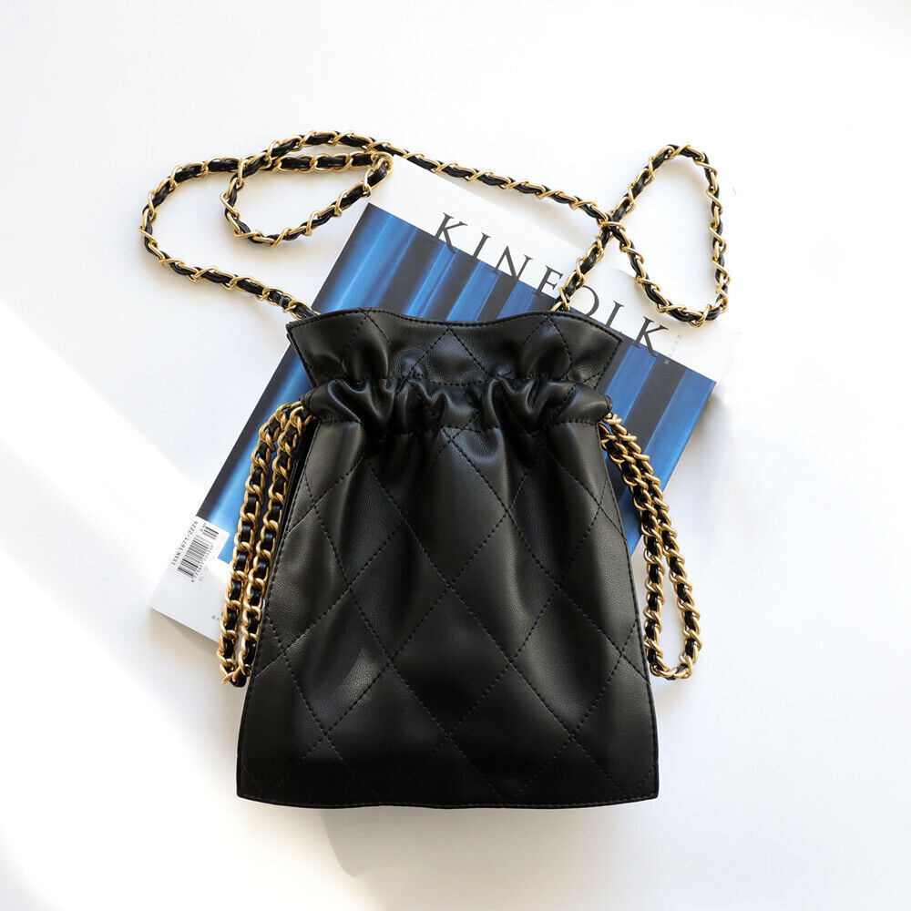 Quilted Real Leather Drawstring Bucket Shoulder Bag Purse Crossbody Handbag Tote