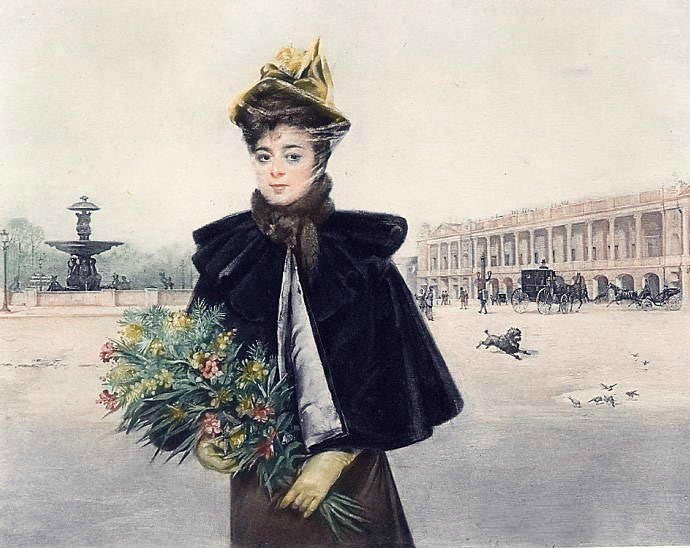 Large Oil painting Louise Abbema Matin young lady holding flowers in Square