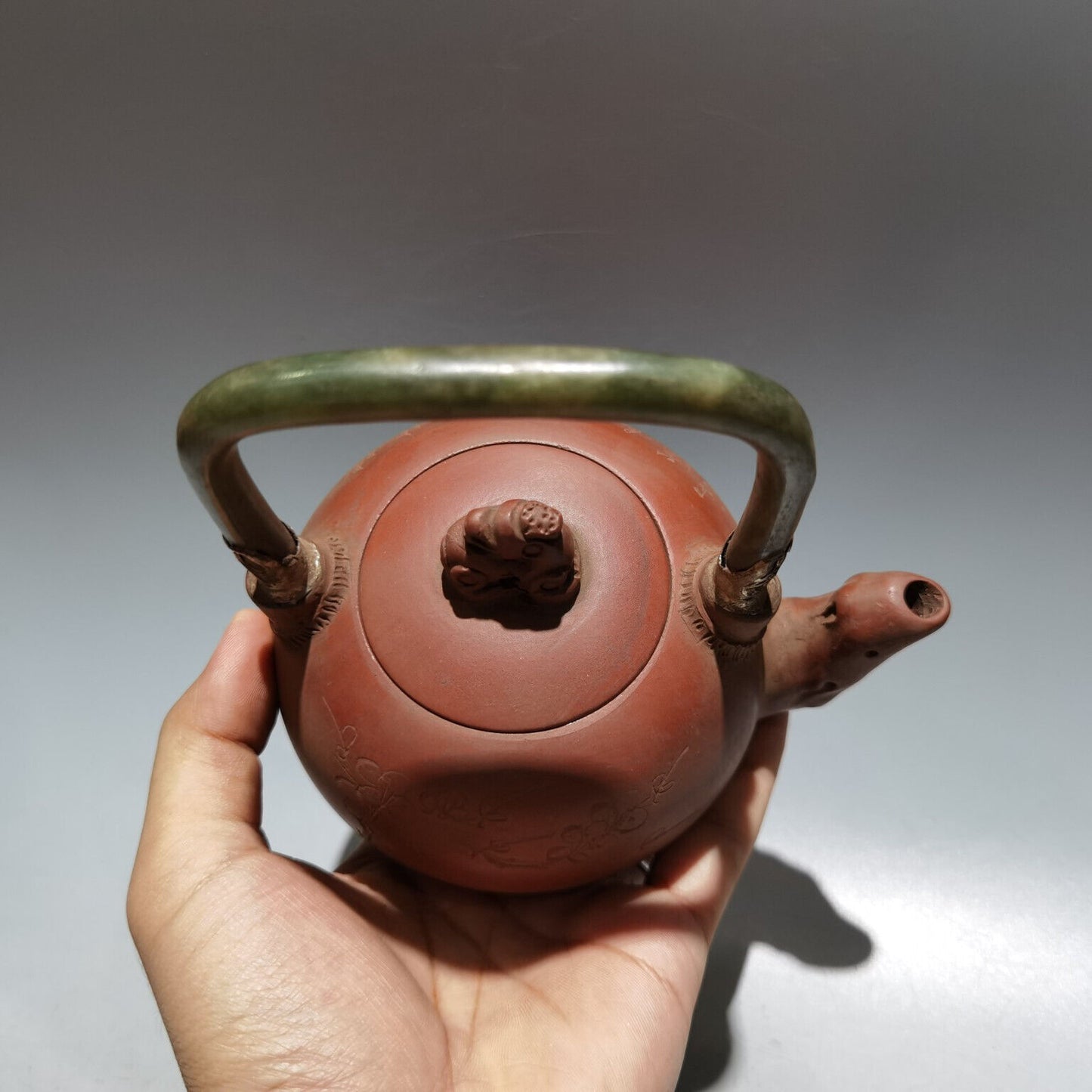 Chinese Yixing Zisha Clay Handmade Exquisite Teapot(镶玉提梁壶 底款:杨彭年)