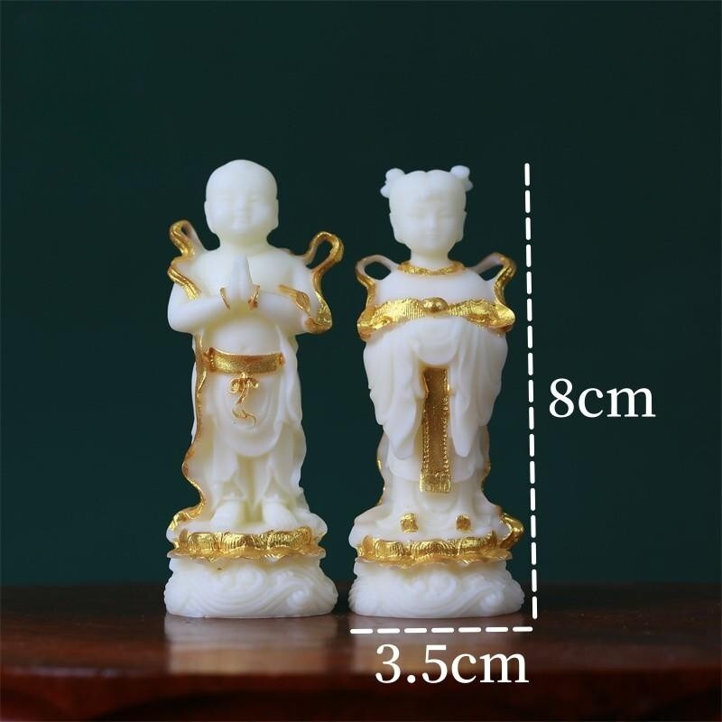 Tagua Nut Golden Boy and Jade Girl Ornament Home Buddha Statue Tea Pet