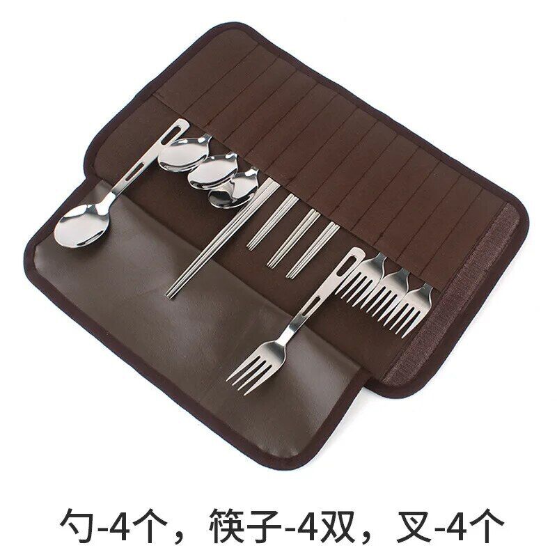 Outdoor Stainless Steel Fold Tableware Sets Spork Chopsticks Travel Picnic Bag