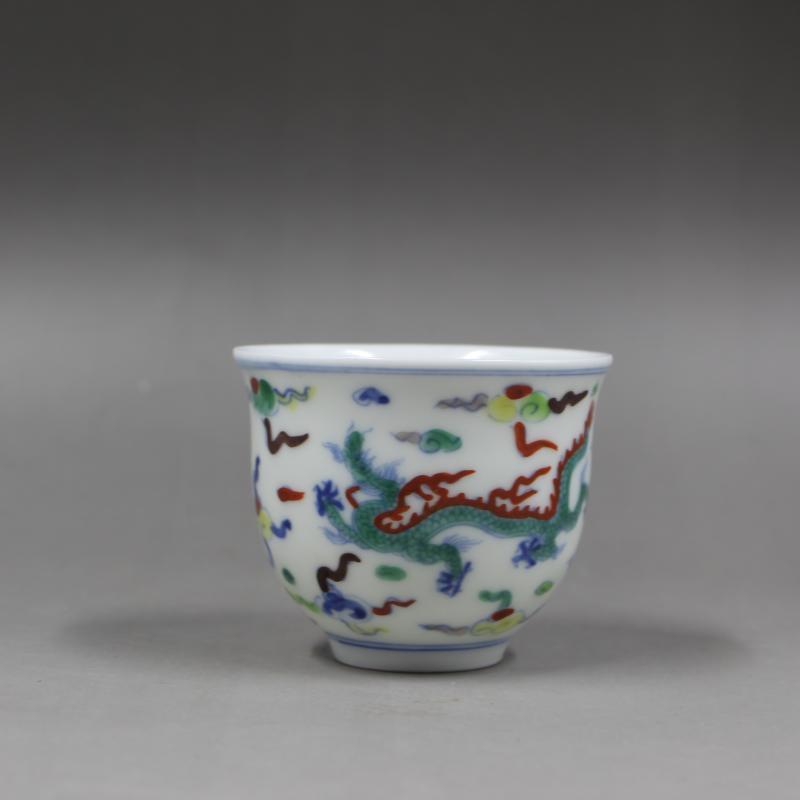 2.5" China Ming Blue White Doucai Contrasting Colors Porcelain Animal Dragon Cup