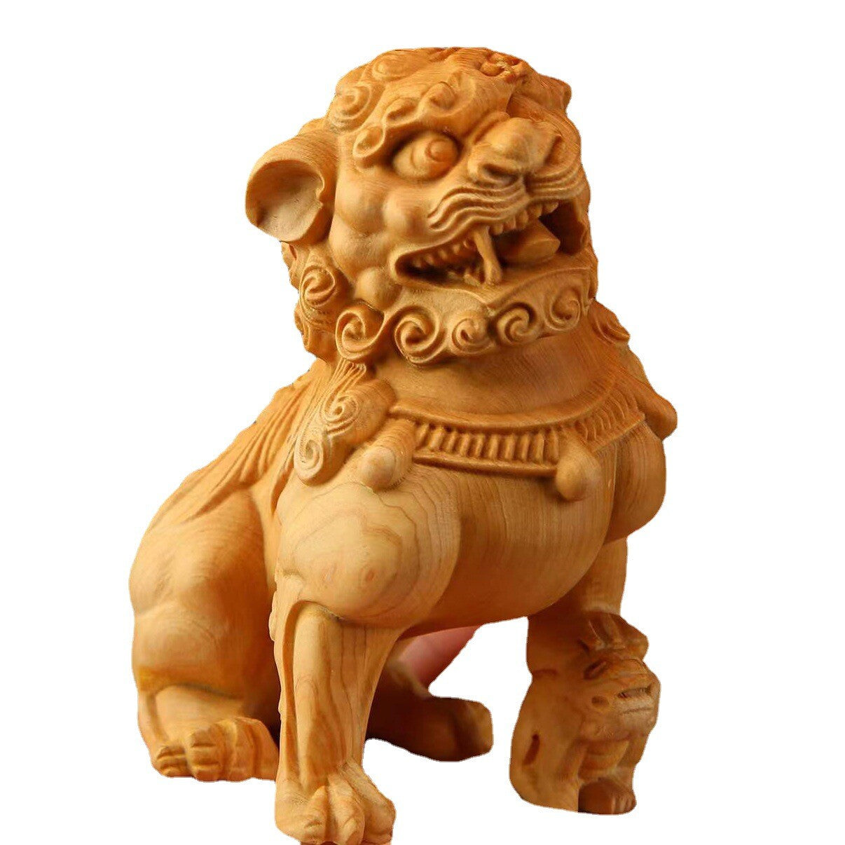 China Wood Carved Fengshui Animal Ball Pixiu Foo Fu Dog Lion Statue Pair Bixie