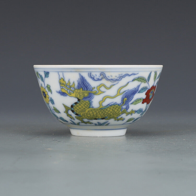 3.5" China Ming Doucai Porcelain Pottery Handmade Animal Kylin Cup Bowl