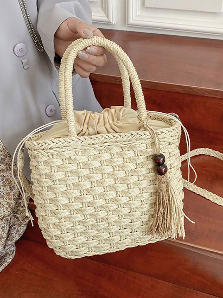 Summer Straw Shoulder Bag Pearl Tassel Weaving Vintage Large Handbag Shopper Bag