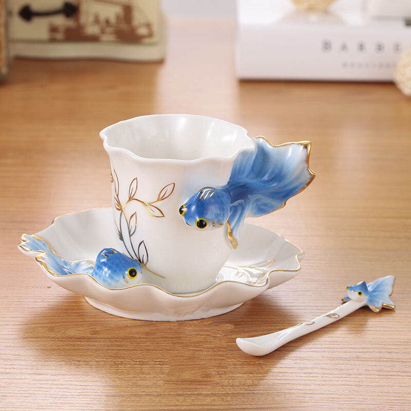 200ml 3D Goldfish Coffee Mugs Bone China Tea Cups Dish Spoon Creative Coffeeware