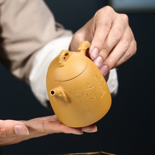 China Yixing Zisha Pottery Gold Section Clay Handmade 230cc Dragon Grain Teapot