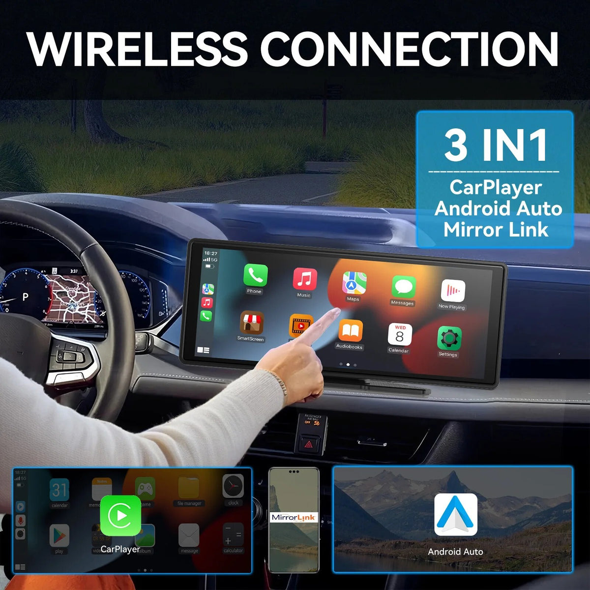 Universal Portable Wireless Carplay Screen for Car, android Auto, Touchscreen