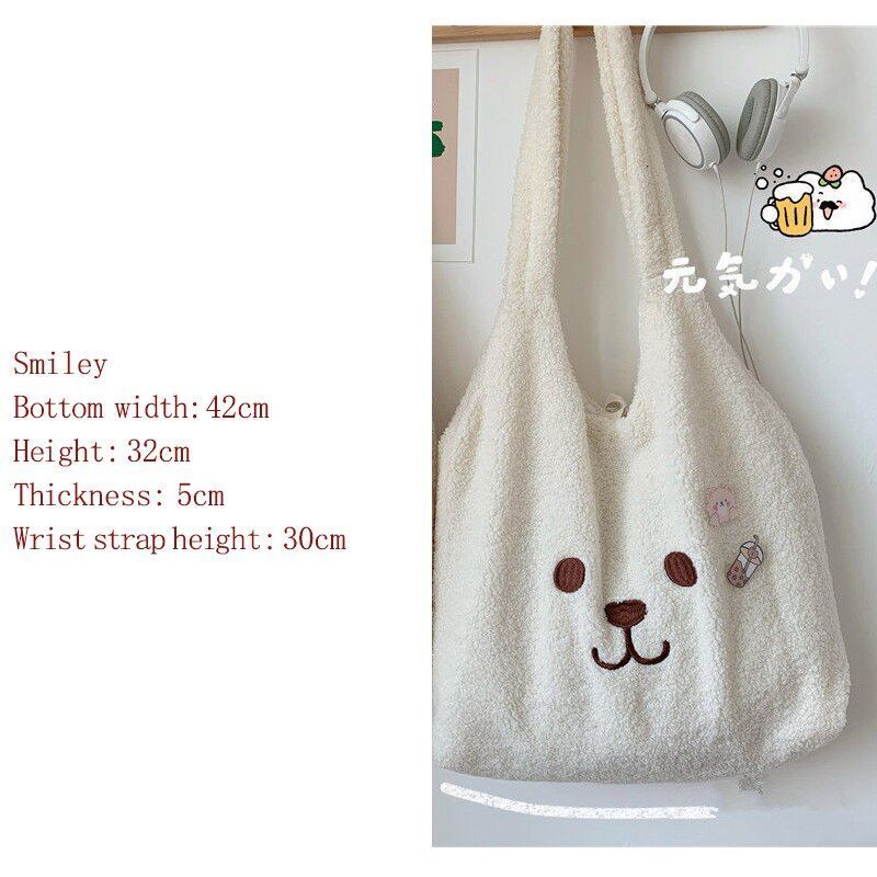 Plush Tote Bag Shopper Handbag Cute Embroidery Wool Shoulder Bag Polyester Soft