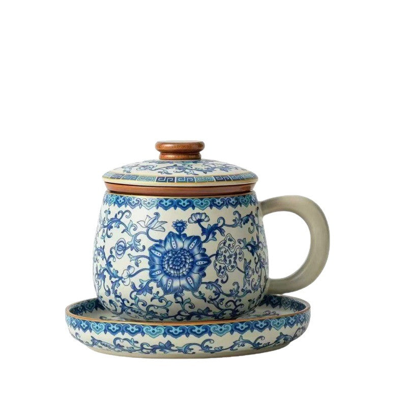 Ceramic Tea Cup With Handle Lid Blue-and-white Porcelain Office Mug Ruyao Craft
