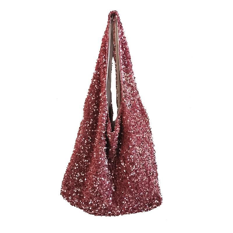 Sequins Shoulder Bag Large Glitter Beaded Tote Handbag Mermaid Sequins Hand Pink