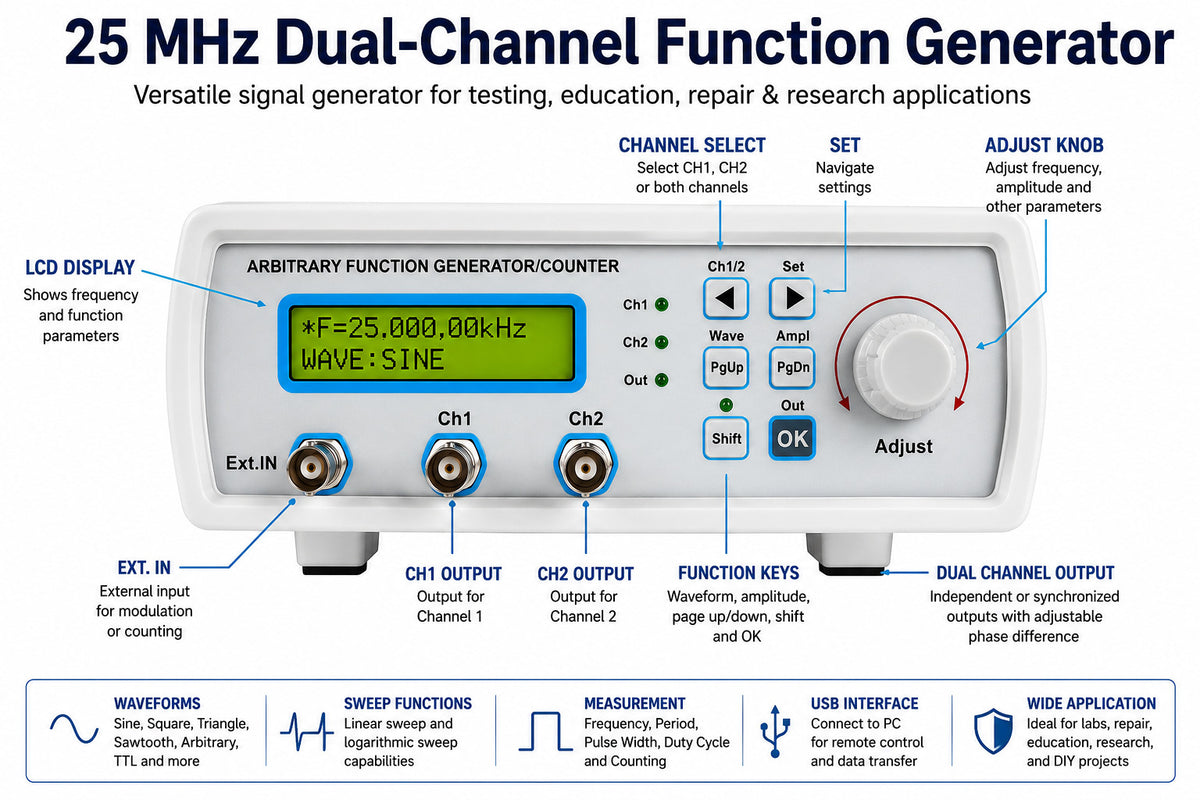 25 MHz, Dual-Channel Function Generator