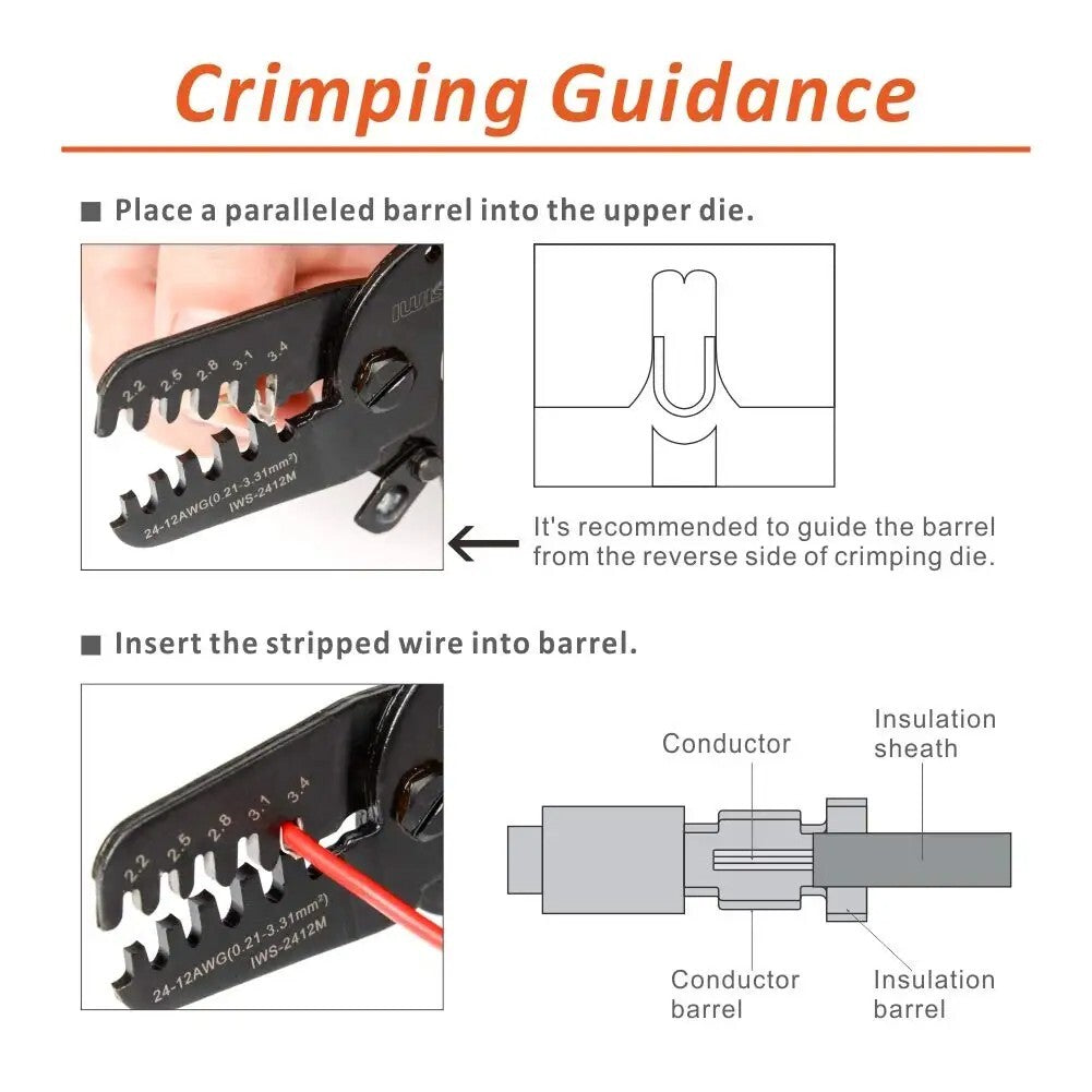 Mini Open Barrel Crimping Tools Crimper Terminal Plier IWS-2412M for 24-12AWG