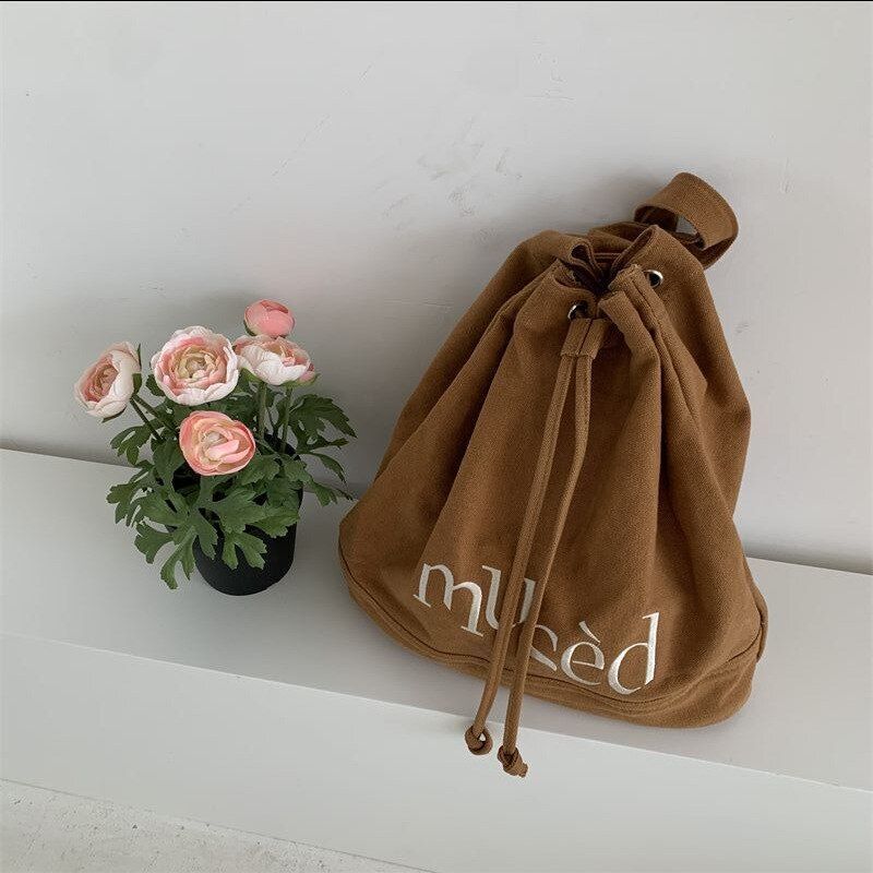 Embroidered Backpacks Canvas Drawstring School Bags Large Capacity Green/Brown