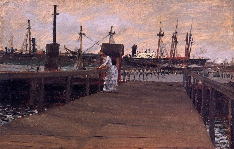Oil painting William Merritt Chase - Woman on a Dock in landscape canvas